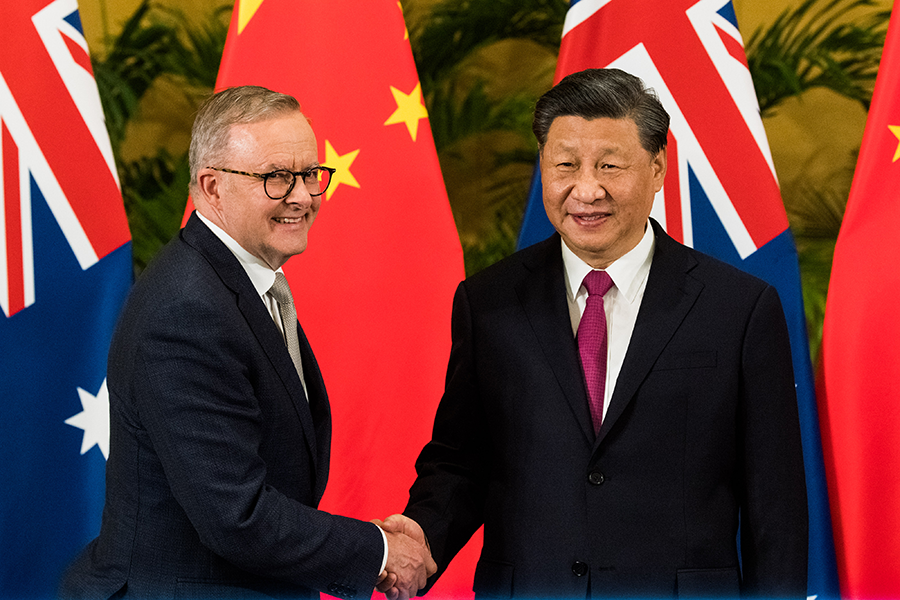 Australian Prime Minister Anthony Albanese (L) meets Chinese President Xi Jinping at the Group of 20 summit in Bali in November. Concerns about Chinese aggression have caused Australia to enter the new Australia-United Kingdom-United States (AUKUS) defense pact. (Photo by James Brickwood/Sydney Morning Herald via Getty Images)