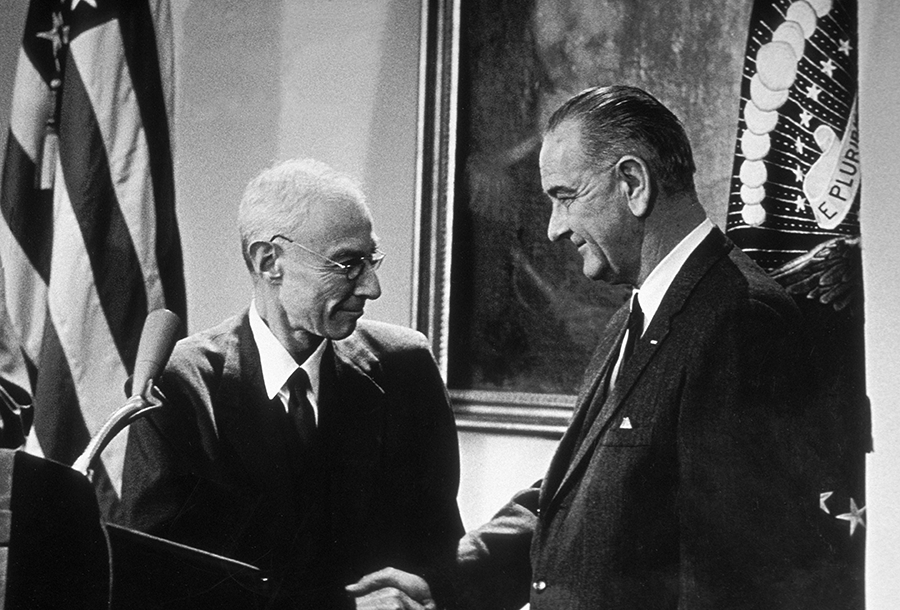 In 1963, President Lyndon Johnson (R) presented J. Robert Oppenheimer, the father of the atomic bomb, with the Enrico Fermi award, the highest honor of the Atomic Energy Commission, which years earlier declared the physicist a security risk. (Photo by Eric Brissaud/Gamma-Rapho via Getty Images)